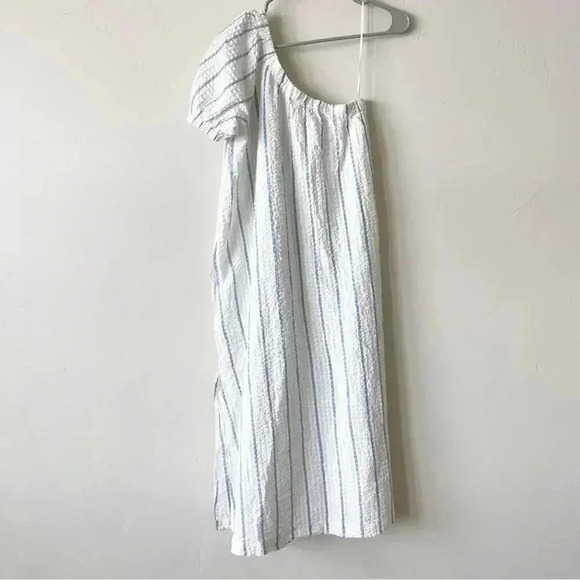 Madewell Seersucker One Shoulder Puff Sleeve Midi Dress Blue Stripe XXS NWT - Picture 7 of 7